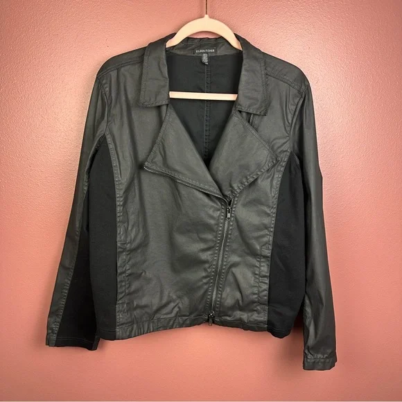 Eileen Fisher black moto jacket faux leather size XL - Picture 2 of 8